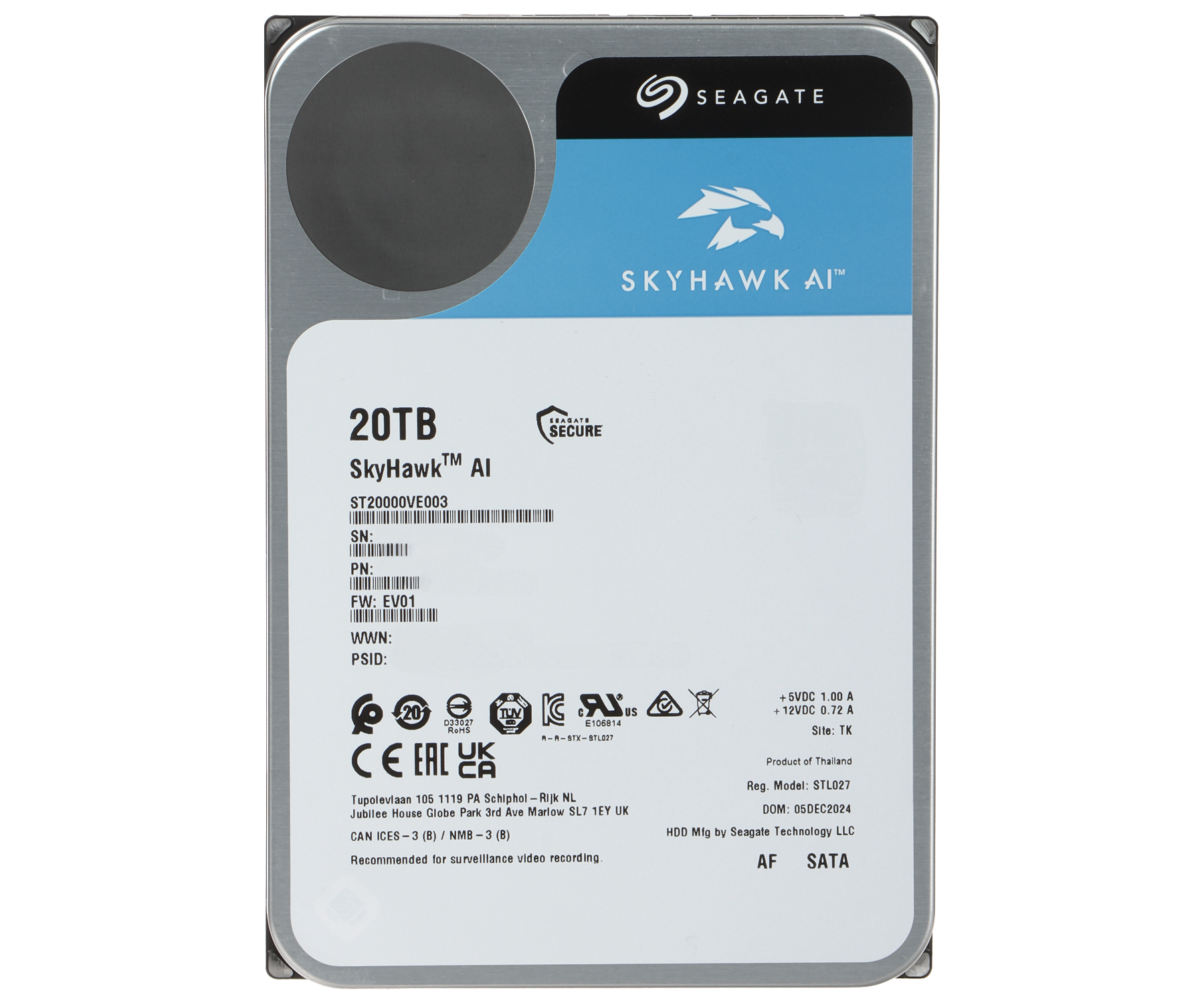 Disco Duro Seagate SkyHawk AI 20TB, 3,5", 7200rpm, Sata3, 6 Gb/s, 512MB - Imagen 2