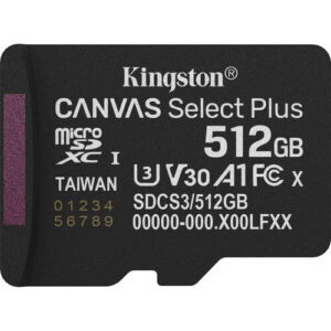 Tarjeta de Memoria microSD Kingston Canvas Select Plus 512GB UHS-I Clase 10, U3, V30, hasta 150MB/s, Adaptador SD