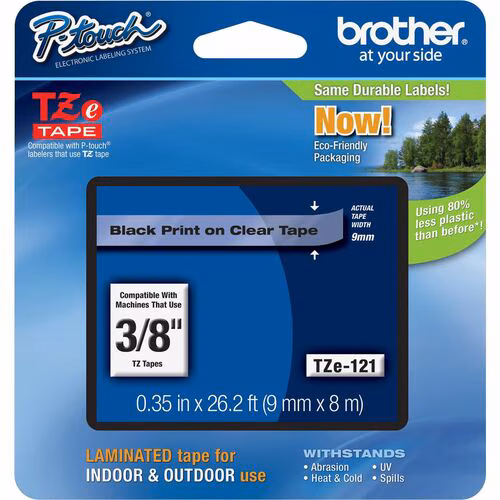 Cinta Laminada Brother TZe-121 Negro sobre Transparente 9mm x 8m para Rotuladoras P-touch