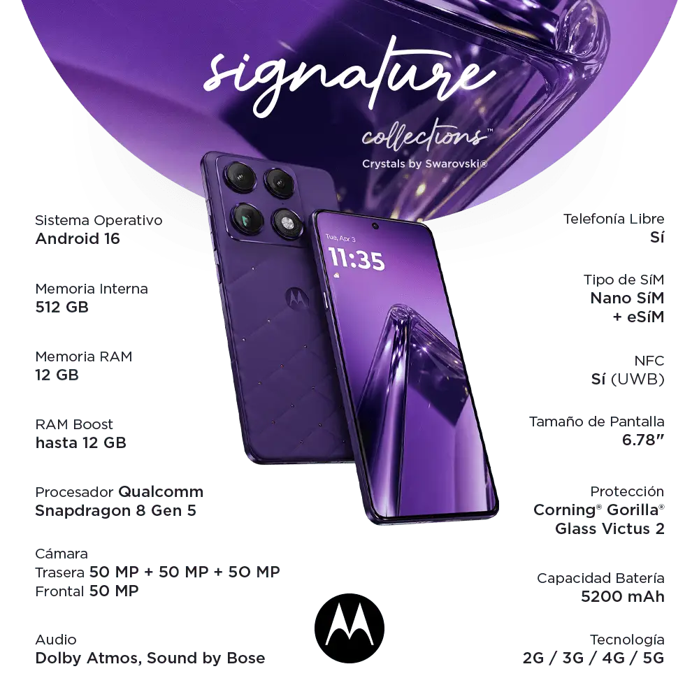 Celular Motorola Signature Swarovski 5G OLED 6.8” 12GB RAM 512GB internos, Pantone Violet Indigo, Brilliant Collection, Cristales Swarovski Incrustados, - Imagen 3