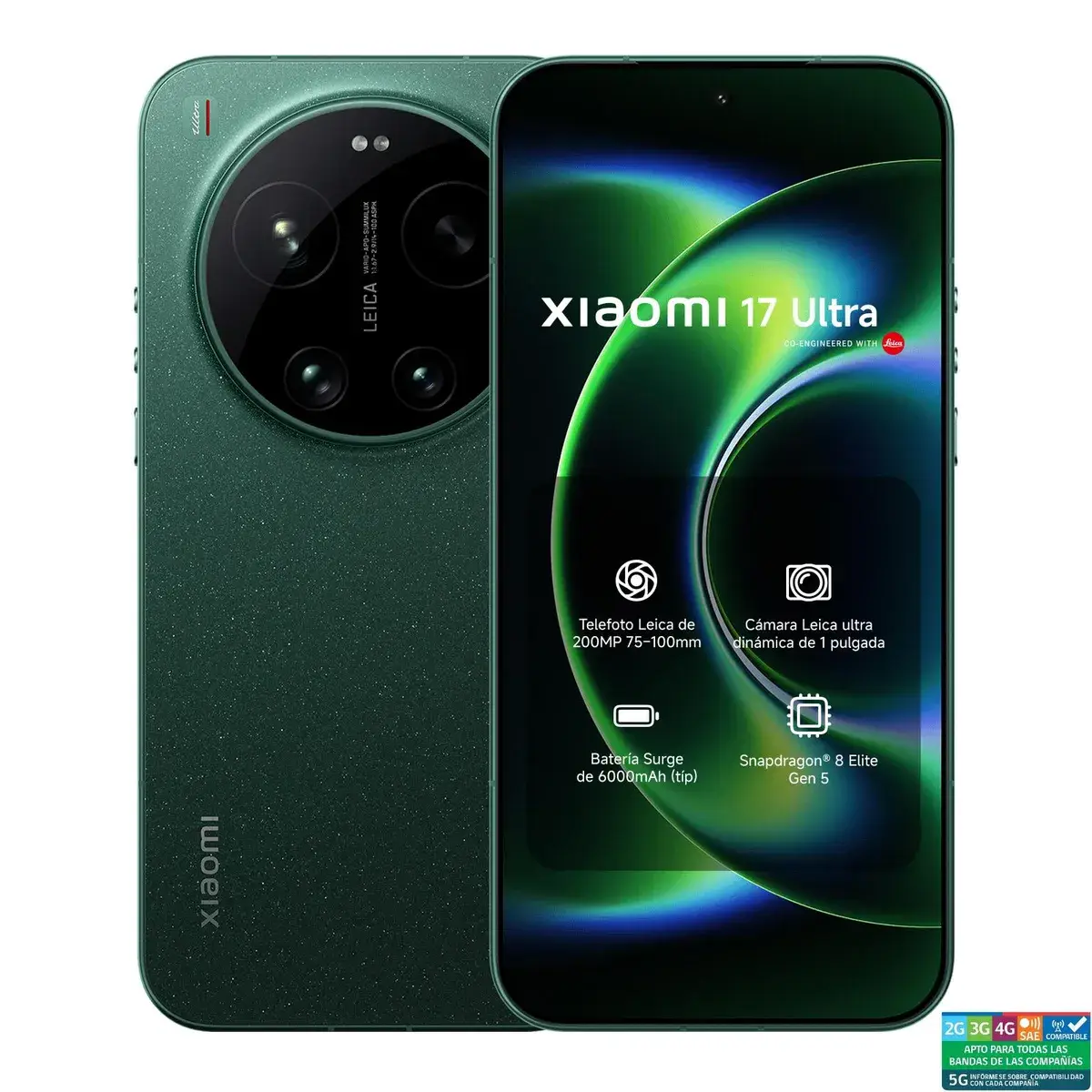 Celular Xiaomi 17 Ultra 5G, Pantalla OLED 6.9" 120Hz, Snapdragon 8 Elite Gen 5, 16GB RAM, 512GB, Cámara Leica 200MP, Verde Estelar / Starlit Green