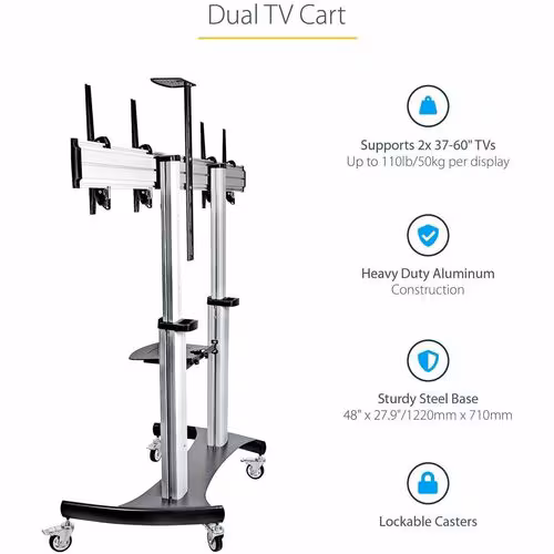Carrito de TV Móvil Doble StarTech STNDMTVDUO, Para Dos Pantallas de 37" a 60", Ajuste de Altura, Inclinación, 2 Estantes - Imagen 2