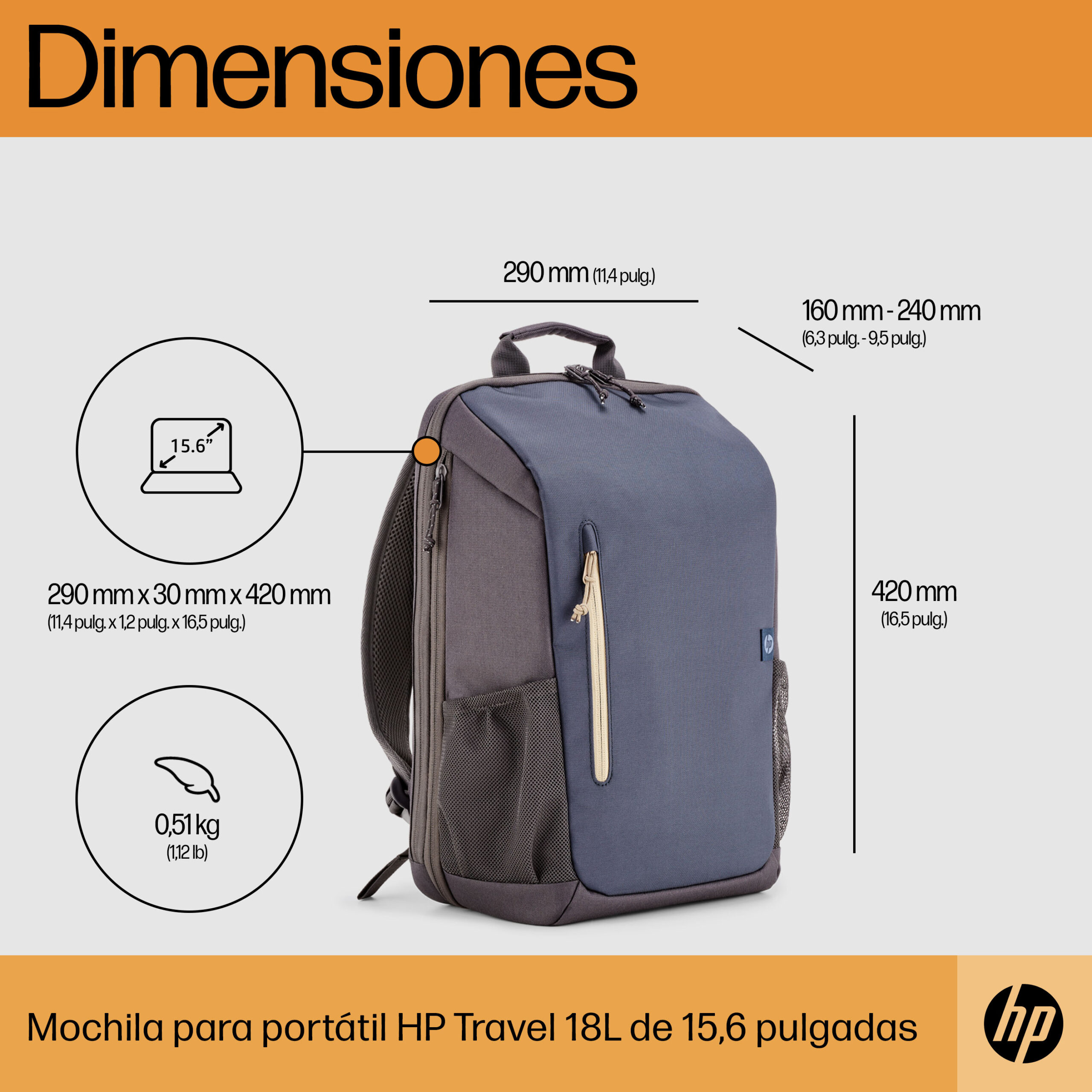 Maletín para portátiles Mochila para portátil HP Travel de 15,6 pulgadas y 18 litros, color gris - Imagen 5