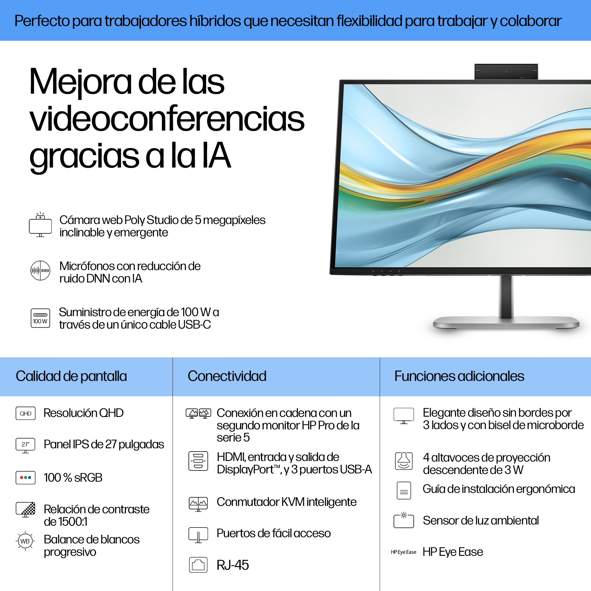 Pantalla para PC Monitor de videoconferencia QHD USB-C HP Pro de la serie 5 de 27 pulgadas: 527pm - Imagen 4