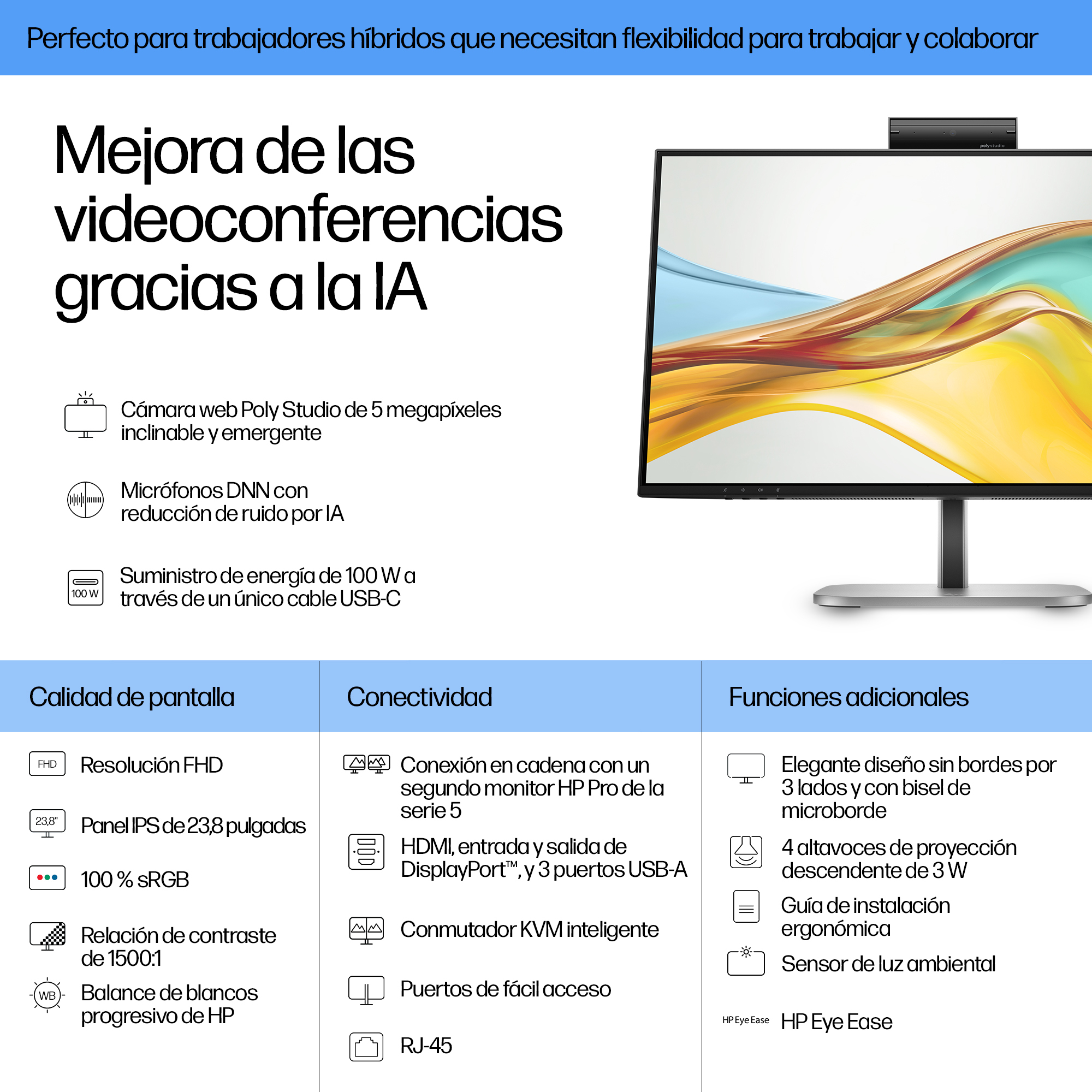 Pantalla para PC Monitor de videoconferencia FHD USB-C HP Pro de la serie 5 de 23,8 pulgadas: 524pm - Imagen 4